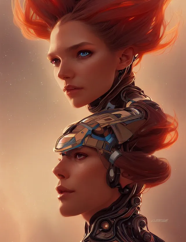 Image similar to futuristic woman portrait, sci-fi, amber eyes, face, long hair, fantasy, intricate, elegant, highly detailed, digital painting, artstation, concept art, smooth, sharp focus, illustration, art by artgerm and greg rutkowski and alphonse mucha