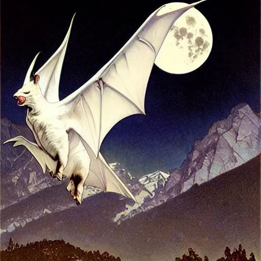 Image similar to hyper realistic white bat, flying against a dark black night sky, mountain in the background, moonlight, denoised, very detailed, painted by james gurney, alphonso mucha, norman rockwell, tom bagshaw