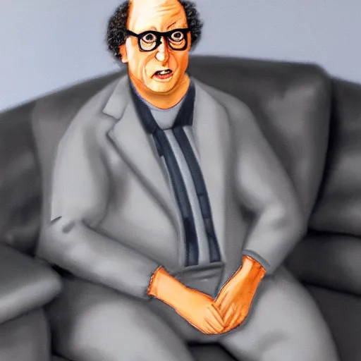 Image similar to dr. katz sitting down in grey sofa chair, photorealistic, high detail