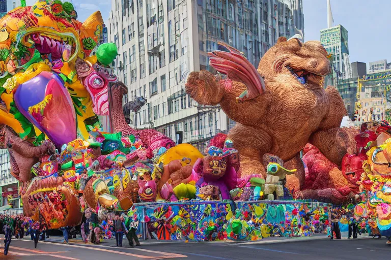 Image similar to photo of giant elaborate parade float designed by geoff darrow!!!! and ( ( ( ( ( ( lisa frank ) ) ) ) ) ), in the macys parade, detailed 4 k photo