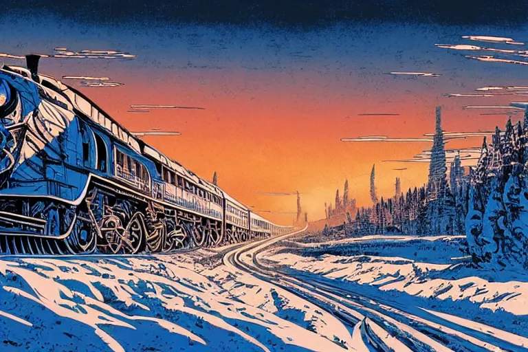 Image similar to trans - siberian express train ultrafine drawing by joe fenton and syd mead and p. craig russell and barry windsor - smith, artstation, 4 k, graphic novel, concept art, matte painting, beautiful russian winter landscape sunset background, golden hour, art nouveau, sharp