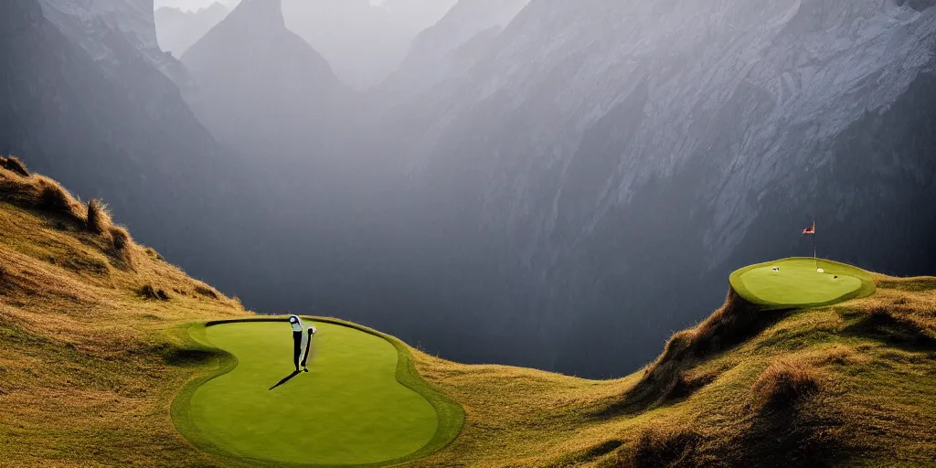 Prompt: a great photograph of the most amazing golf hole in the world, hangglider, perfect light, over a cliff, in the swiss alps, high above treeline, ambient light, 5 0 mm, golf digest, top 1 0 0, fog