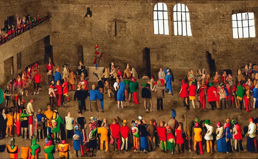 Image similar to a boxing ring inside of a medieval castle, crowd of knights and jesters gathered around