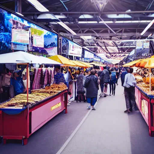 Image similar to a photograph of a market stall at a futuristic trade show in 2 0 5 5, cinematic, dslr