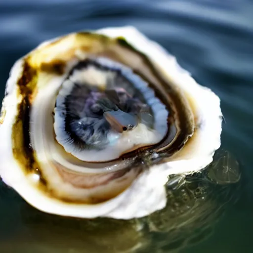 Prompt: an oyster in the water, smiling and looking up at the camera, rocks surround it in a light current of water