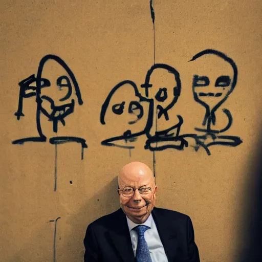 Image similar to Klaus Schwab with a surprised expression on his face, sitting on a toilet in a dirty public bathroom, graffiti on the stall walls, garbage on the ground, dimly lit, fish eye lens, high quality, artstation