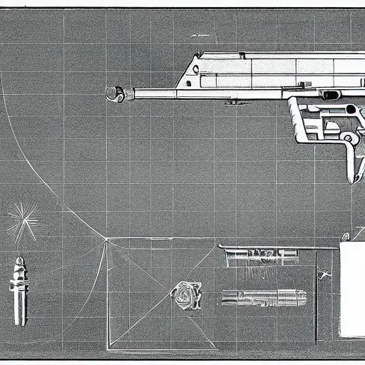 Image similar to blueprint of a laser space gun, technical draw, concept art, very detailed, 3 5 mm