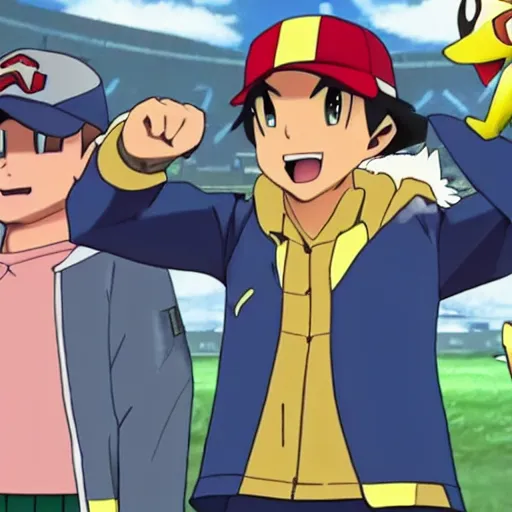 Prompt: ash ketchum as a pokemon in a fight against gary oak and pikachu as his trainer cheering him on