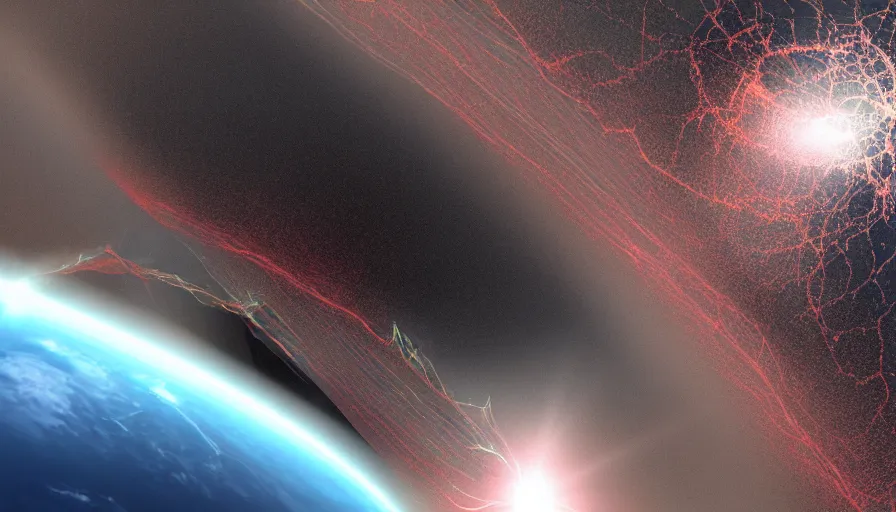 Image similar to seismic shockwave in atmosphere from space, photorealistic rendering, 4 k, dynamic lighting, directional light