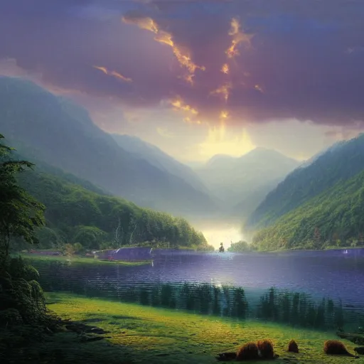 Prompt: A landscape with a lake surrounded by lush colorful vegetation, next to the lake are some mammals, in the background is a mountain range, in the foreground some travelling Neanderthals, volumetric lighting, ray lighting from top of frame, crepuscular ray lighting from above, dynamic lighting, muted colors, by Greg rutkowski, thomas kinkade, Andreas rocha, john howe, pixar, f16, hd, 4k