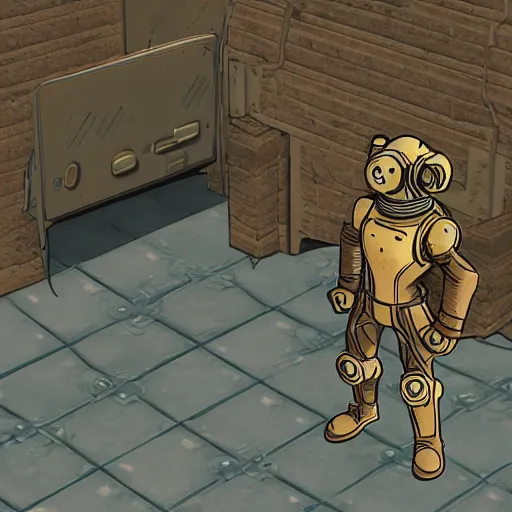 Image similar to fallout enclave fighter in power armor with a minigun in his hands stands next to the entrance to the fallout shelter, camera view isometric, post - apocalyptic,