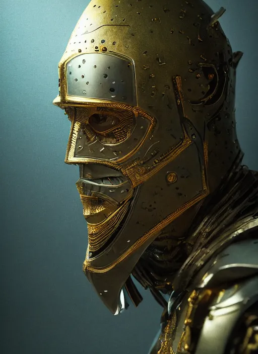 Image similar to portrait of king arthur knight cyborg, kintsugi, modern fine art, fractal, intricate, elegant, highly detailed, digital photography, subsurface scattering, parallax, cinematic back lighting, by jheronimus bosch and frank miller and greg rutkowski,