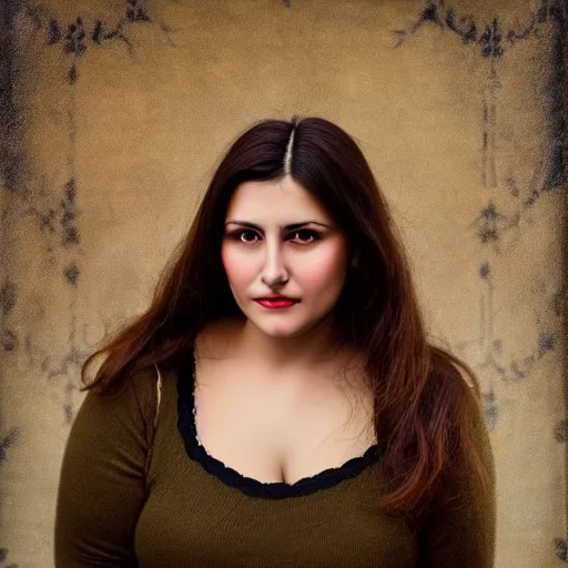 Image similar to A portrait of a plump romanian woman, art neuveau woman with straight brown hair in a Bob, no bangs, brown eyes, full face, olive skin, romanian heritage, full shot, mid-shot, 8k, by mucha