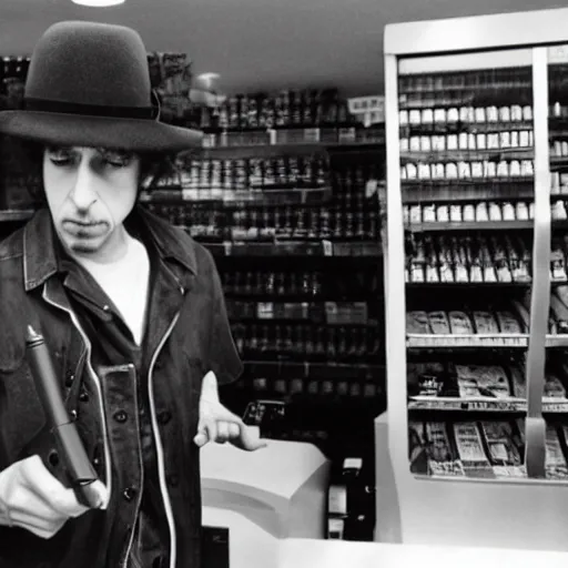 Image similar to bob dylan pointing a gun at a convenience store cashier, security camera footage