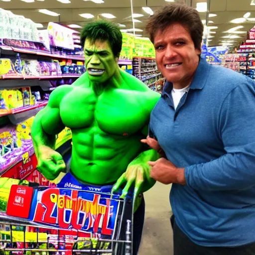 Prompt: the incredible hulk shoping at walmart