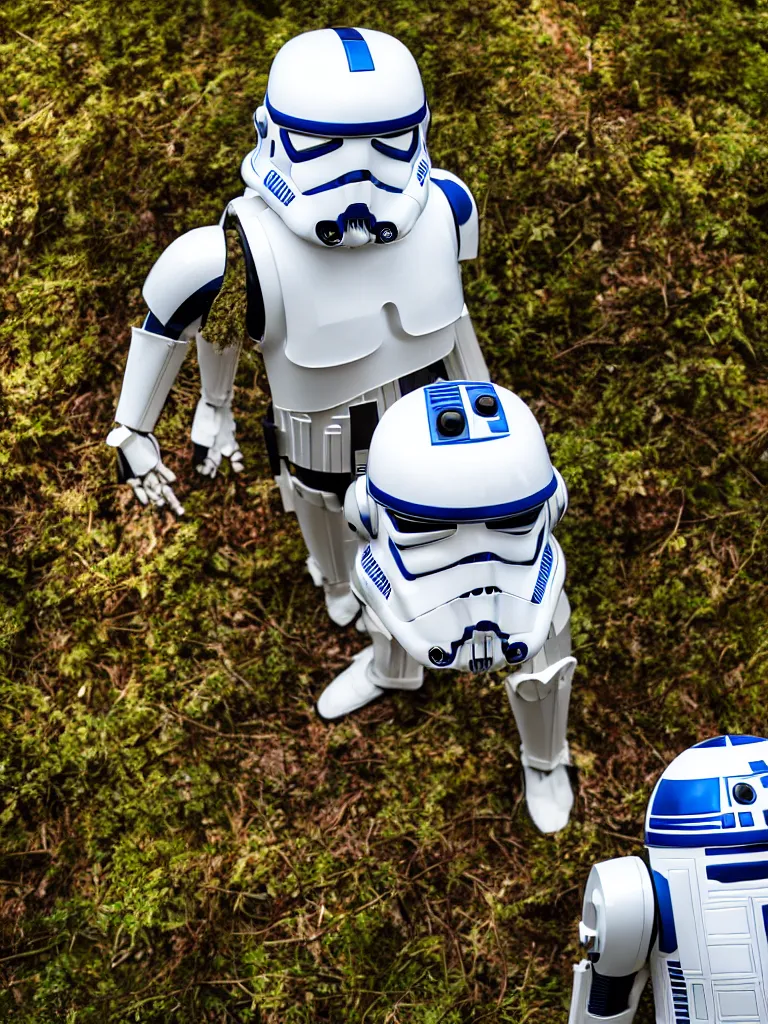 Prompt: still of a stormtrooper R2-D2, standing in the forest, golden hour, high quality, sigma 55mm, full body shot, ewoks