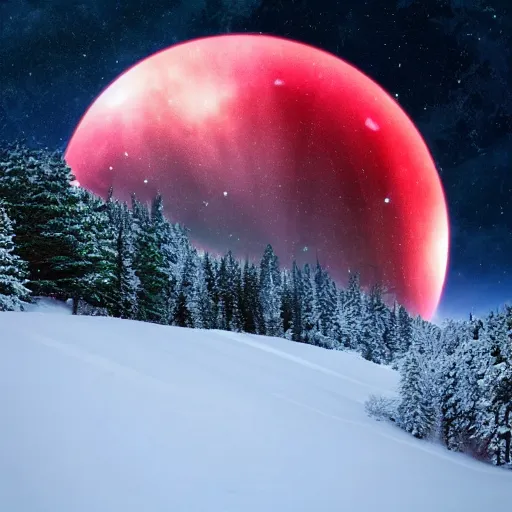 Prompt: A forested valley surrounded by snow-capped mountains at night, a red nebula in the sky, a ringed gas giant in the sky, no clouds, sci-fi, photorealistic