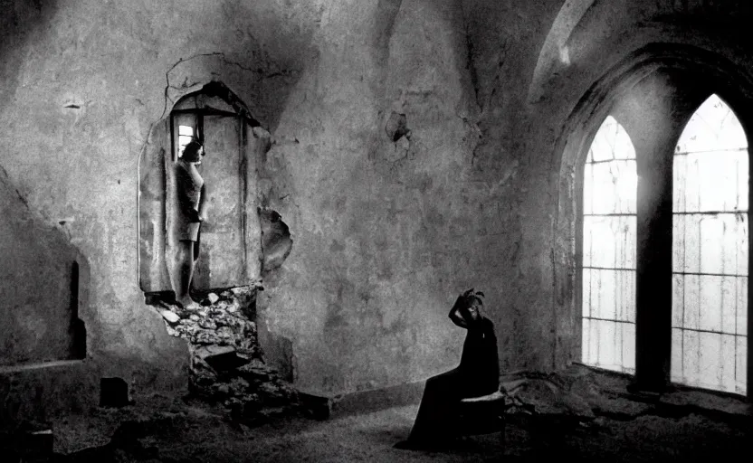 Image similar to contemplation of a crumbling chapel, still from an old surrealist black and white movie directed by Jan Svankmajer, Béla Tarr, Ingrid Bergman and Robert Wiene. Dark background, dramatic lighting, detailed, cinematic