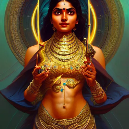 Prompt: futuristic lakshmi, sci-fi, fantasy, intricate, elegant, attractive, indian goddess, highly detailed, digital painting, artstation, concept art, smooth, sharp focus, illustration, art by artgerm and greg rutkowski and Raja ravi verma and alphonse mucha