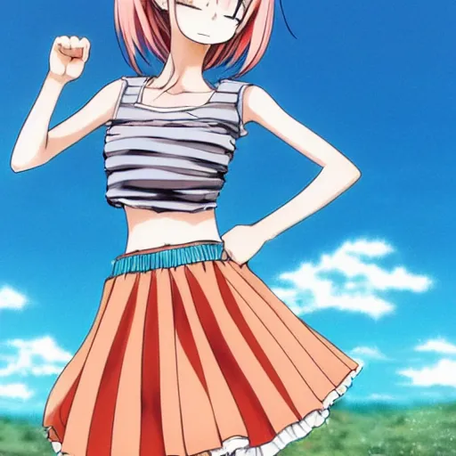 Image similar to beautiful anime manga girl wearing croptop and skirt happy face. she is at the beach. trending on artsystion. drawn by eiichiro oda.