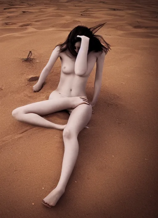 Prompt: a beautiful detailed photo of a girl with 4 legs and pale skin in the desert, realistic, f 8, 4 k hd wallpaper