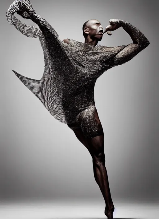 Image similar to a beautiful male dancer wearing iris van herpen couture, photographed by erwin olaf for vogue