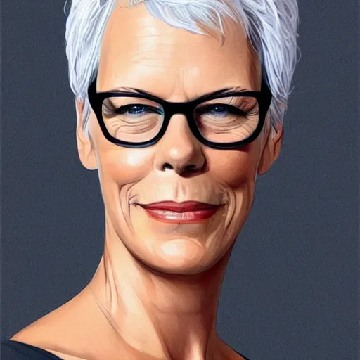 Image similar to jamie lee curtis, tired, intelligent, powerful, white hair, loving eyes, fully clothed, wise, beautiful, by stanley artgerm, soft lighting, trending on artstation, flat colour, geometric curves