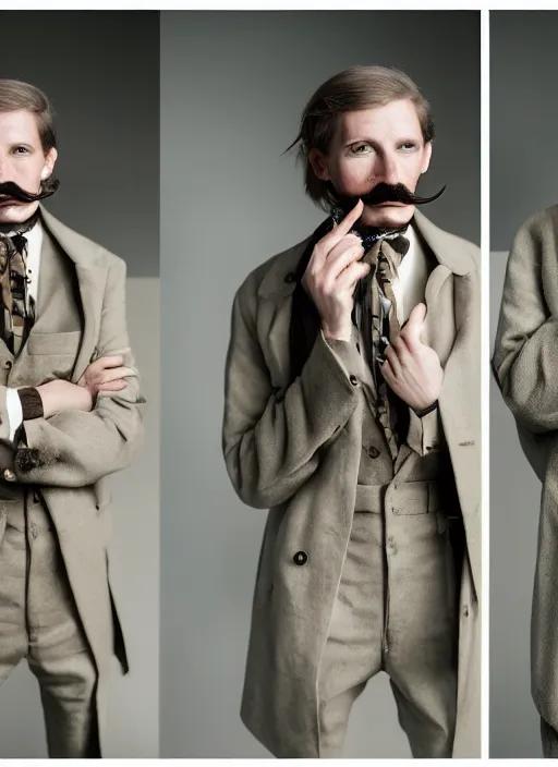 Image similar to a fashion portrait photograph of a man with a moustache art directed by Wes Anderson, 35mm, pentax, studio lighting