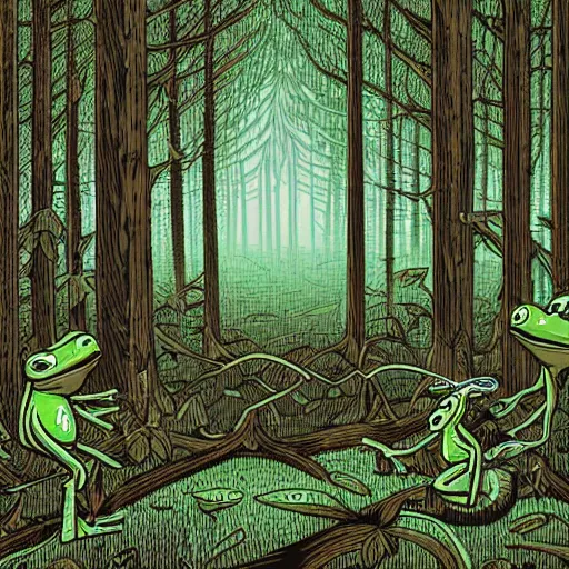 Image similar to A frog inside a forest by Dan Mumford