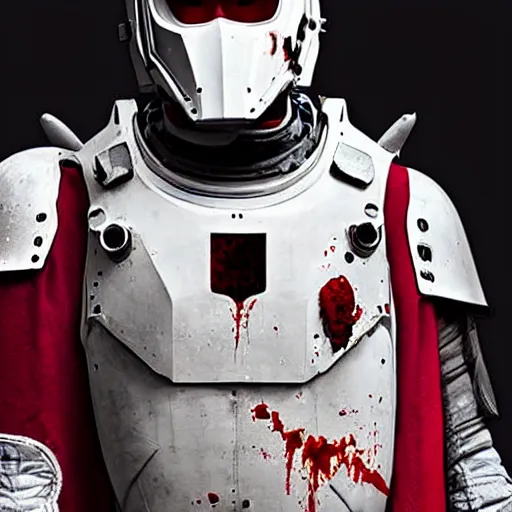 Image similar to a towering soldier with vertical nose slits, wearing blood - spattered glossy sleek white dinged scuffed armor and a long torn red cape, heroic posture, battle - weary, strained expression, determined expression, no helmet, on the surface of mars, dramatic lighting, cinematic, sci - fi, hyperrealistic, detailed