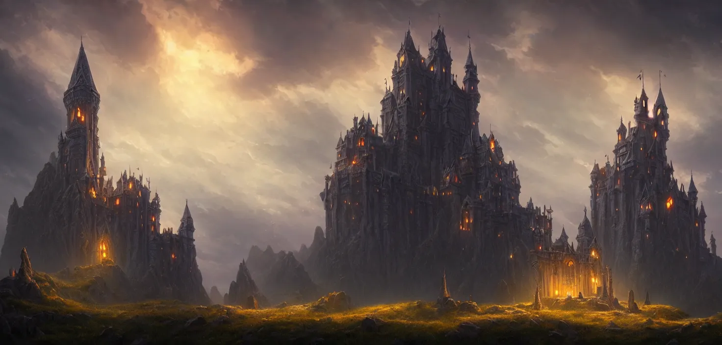 Prompt: an imposing and ornamented fantasy castle, carved from sapphire stone, cinematic view, epic sky, detailed, concept art, low angle, high detail, warm lighting, volumetric, godrays, vivid, beautiful, trending on artstation, by jordan grimmer, huge scene, grass, art greg rutkowski