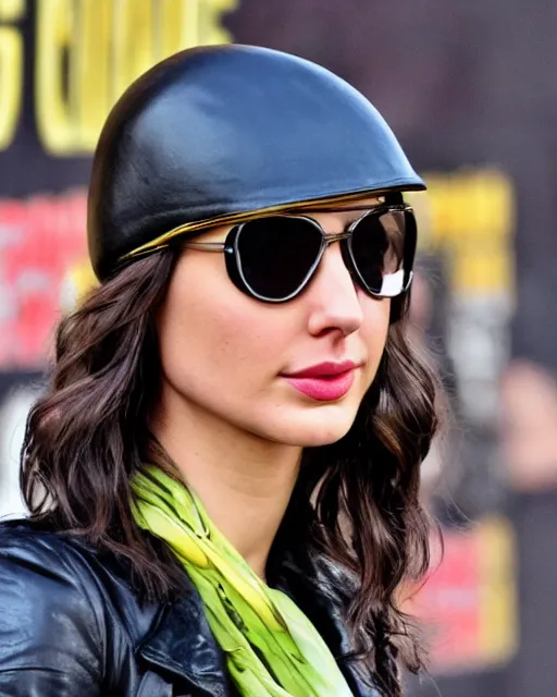 Image similar to headshot of gal gadot wearing a leather cap and aviator goggles, he is also wearing an yellow leather jacket, a long green silk scarf wrapped around her neck