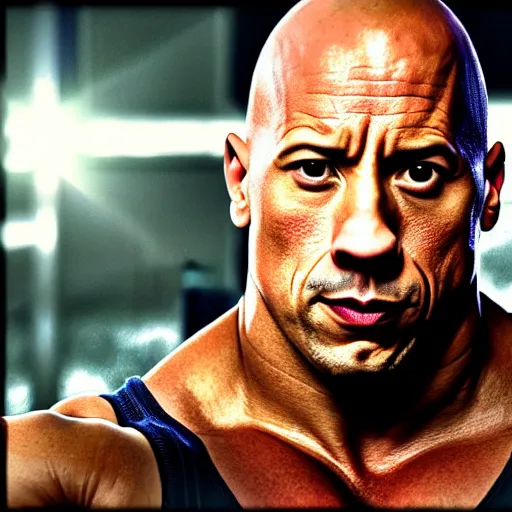 Prompt: isometric photo of dwayne johnson played by vin diesel flexing and yelling let's go! brass bell visible in the background on his right, low perspective, isometric perspective, movie scene