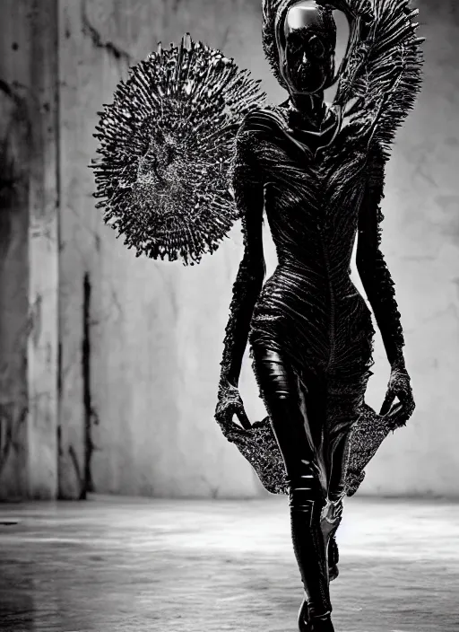 Image similar to walking down the catwalk, steven klein, show, stage, vogue photo, podium, fashion show photo, historical baroque dress dark, iris van herpen, beautiful woman, full body shot, masterpiece, intricate, biopunk, guyver, highly detailed