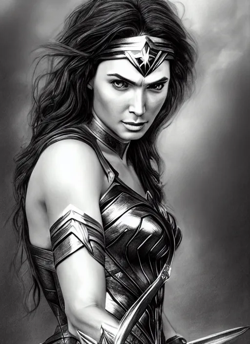 Image similar to realistic portrait pencil sketch of wonder woman, old mystic ruins, afternoon, intricate, elegant, highly detailed, digital painting, sharp, focus, by artgerm and greg rutkowski