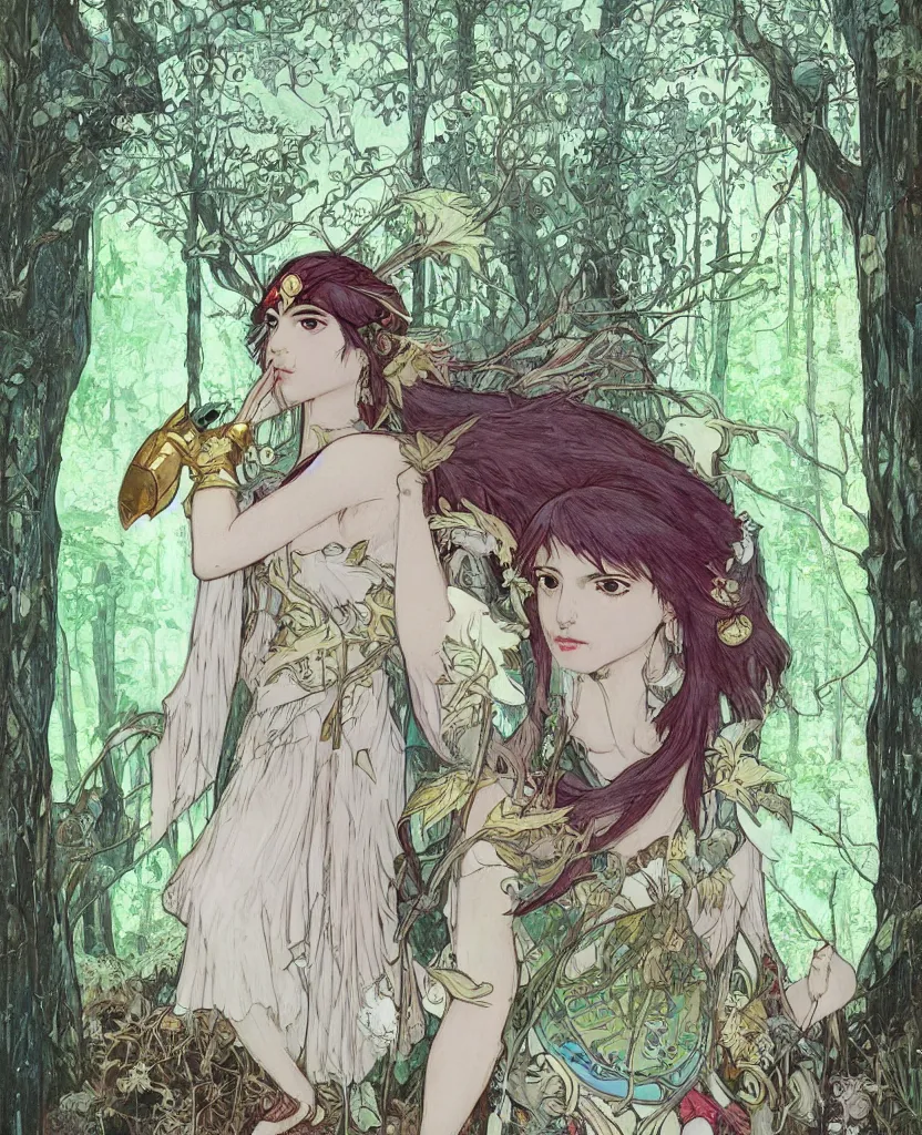 Image similar to portrait of Princess Mononoke wearing her mask, lush forest landscape, style Mucha, gems and gold, waterfalls, denoised, sharp,