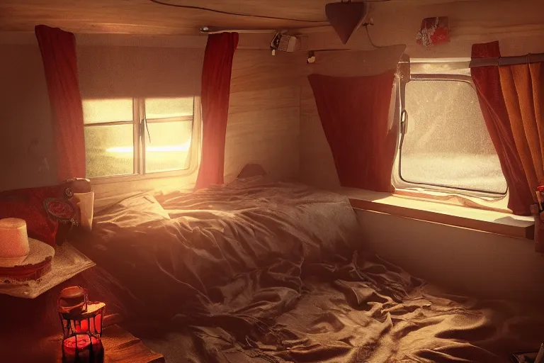 Prompt: small camper interior, bed with blankets, pillows, red and brown interior, golden hour, western, dust, nostalgic, godrays, soft lighting, digital art, cozy, highly detailed, trending on artstation