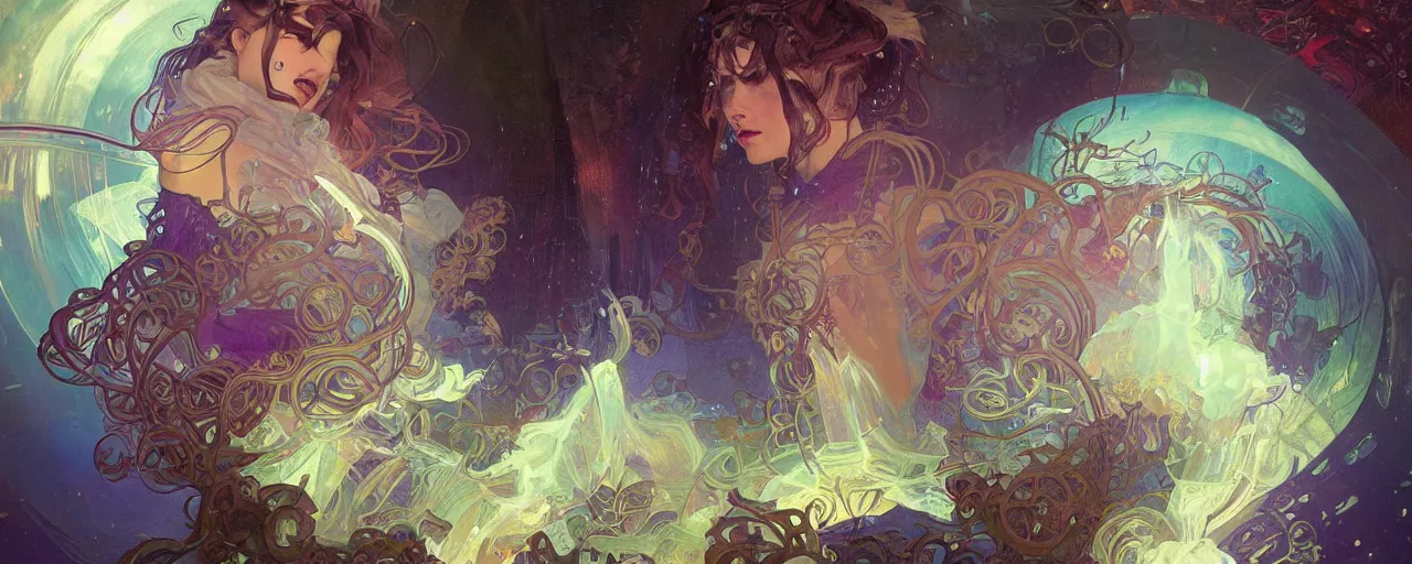 Prompt: she dreams of arcs of purple flame intertwined with glowing sparks, glinting particles of ice, dramatic lighting, steampunk, bright neon, secret holographic cyphers, red flowers, solar flares, intricate art by alphonse mucha and greg rutkowski and ruan jia