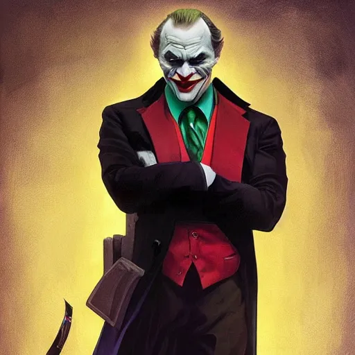 Image similar to Vladimir Putin as Joker from The Dark Knight, portrait, highly detailed, digital painting, artstation, concept art, smooth, sharp focus, illustration, cinematic lighting, art by artgerm and greg rutkowski and alphonse mucha