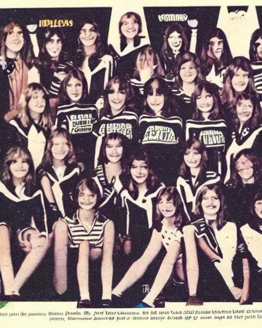 Prompt: a page from a 1977 fauna high school yearbook, where all the students are zoo animals, cheer squad page