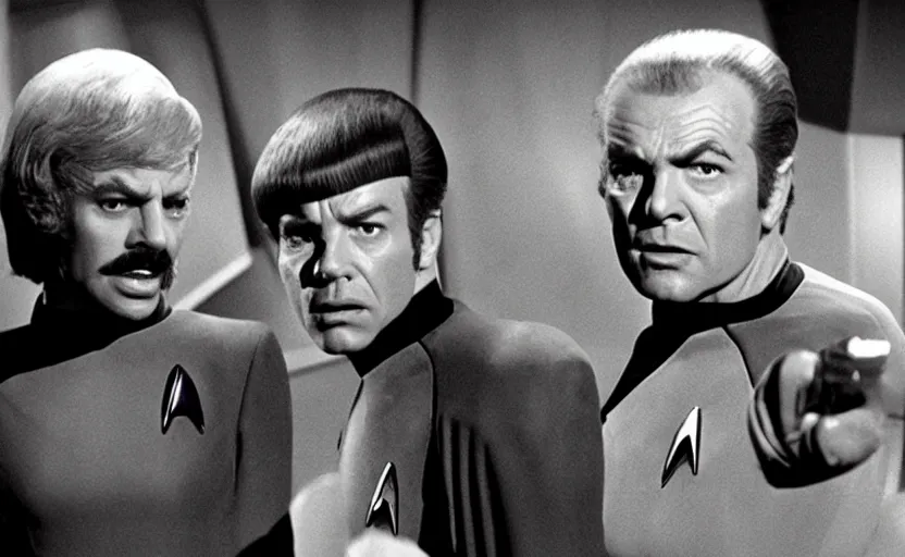 Image similar to a dramatic still from an episode of star trek. all characters are played by jack nicholson.