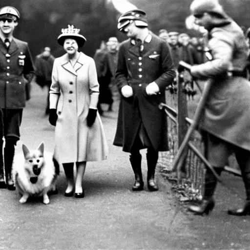 Image similar to ultra wide historical photo of young queen elizabeth and her corgis conquering nazi germany, sharp focus, highly detailed