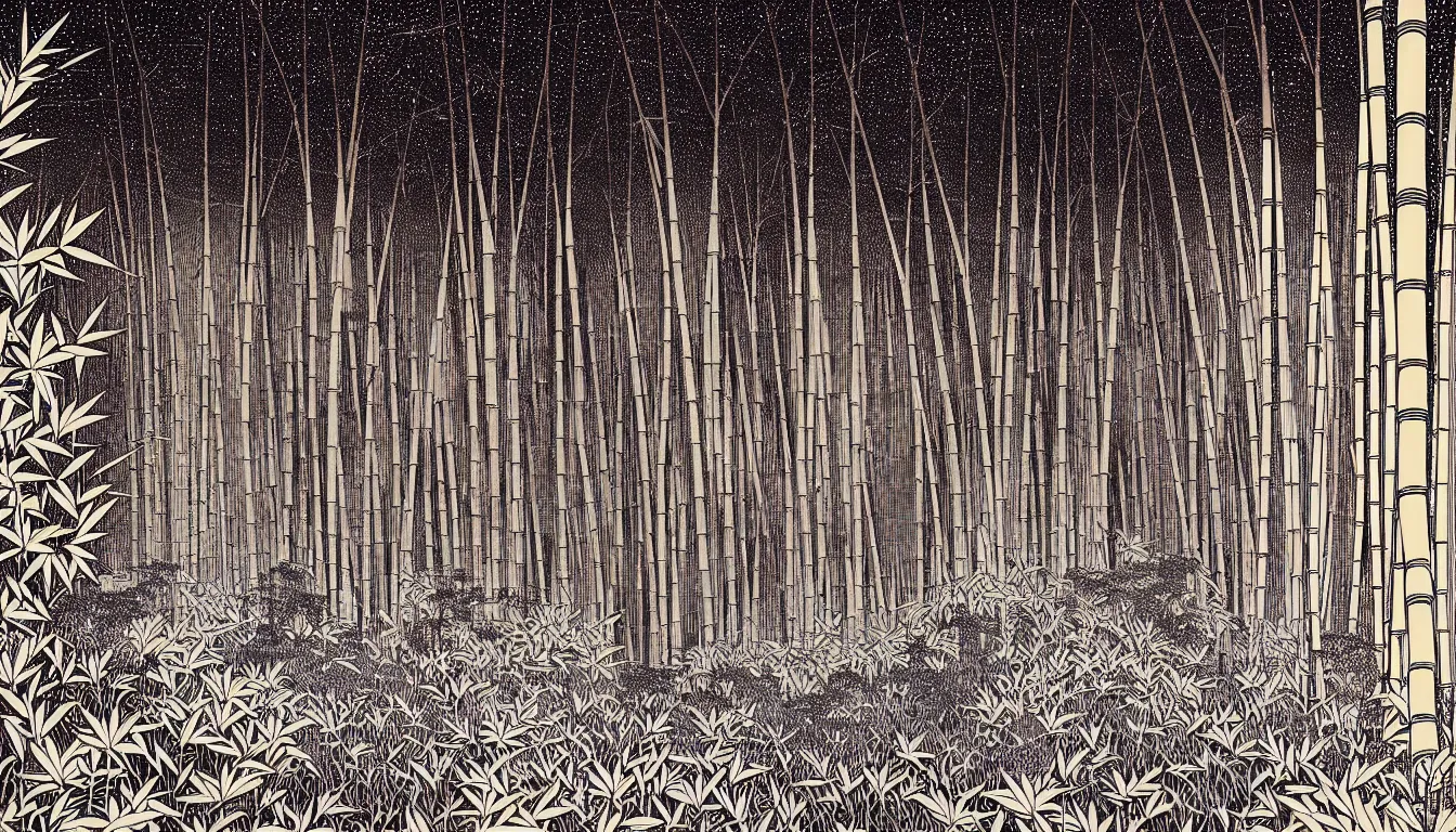 Image similar to bamboo forest by woodblock print, nicolas delort, moebius, victo ngai, josan gonzalez, kilian eng