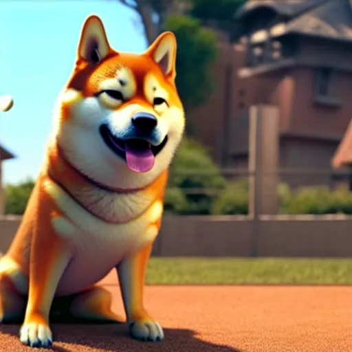 Image similar to weta disney pixar movie still photo of funny shiba inu with baseball bat : : shiba inu by pixar : : giant sign that says bonk : : by weta, greg rutkowski, wlop, ilya kuvshinov, rossdraws, artgerm, octane render, iridescent, bright morning, anime, liosh, mucha : :