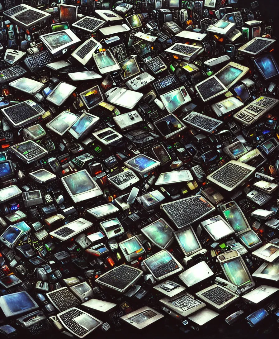 Image similar to realistic photo of piles of electronic waste of computers, mobiles and other items, very sharp focus, very hyper realistic, art of greg rutsowski, highly detailed, fantasy art station