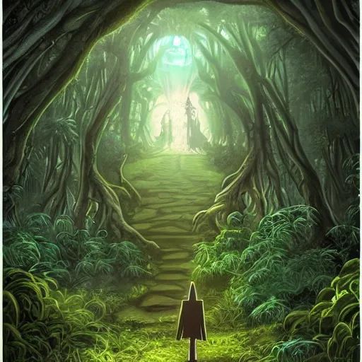 Prompt: a wizard walking towards a ravenous, ominous portal to hades embedded in a creepy tree in a densely overgrown, magical jungle, fantasy, dreamlike sunraise, ultra realistic style, stopped in time, dreamlike light incidence