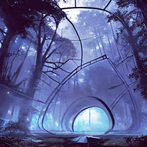 Image similar to derelict portal in a middle of a futuristic forest, world seen only through a portal, daylight, cinematic lighting, blue sky, syd mead, john harris