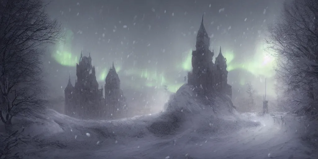 Prompt: hyperrealistic mixed media art of a silhouette of a hero with a broadsword facing massive ornately carved lush iron castle gate with its top in the heaven in winter storm at night, aurora borealis in the sky, low angle, stunning 3d render inspired art by Renato muccillo and Andreas Rocha and Johanna Rupprecht + symmetry + natural volumetric lighting, 8k octane beautifully detailed render, post-processing, extremely hyperdetailed, intricate complexity, epic composition, mystical foreboding atmosphere, cinematic lighting + masterpiece, trending on artstation