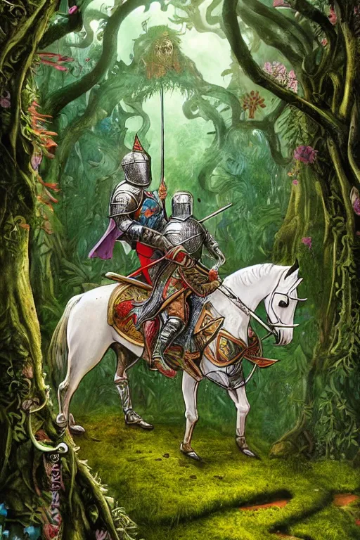 Image similar to medieval knight riding a horse in a magic kingdom overgrown by moss and plants, shiny armor, enchanted forest with fairies, wizards and magic mushrooms in the background, illustrated by james jean, very detailed and colorful and ornamental and floral, comicbook cover