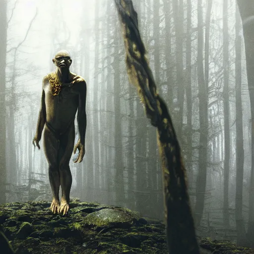 Image similar to Gollum wearing gold rings and Gollum wearing gold chains and Gollum wearing gold medallions in a dark forest, cinematic, foggy atmosphere, photograph